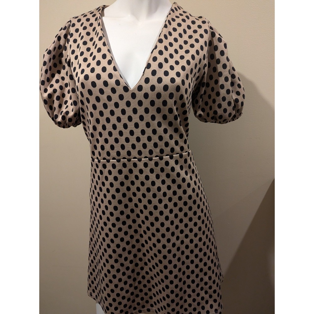 Zara Dress Women's Size L Tan V Neck Short Sleeves Polka Dot‎ Party Cocktail